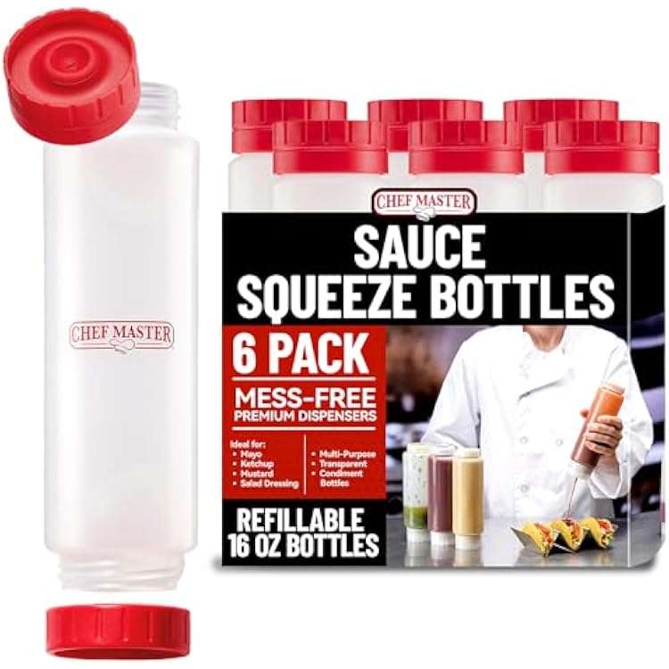 Chef Master 16 Oz. Squeeze Bottles for Sauces 6-Pack - FIFO, Inverted - Condiment Squeeze Bottles for Liquids, Sauces, Batter & Dressing - Fill & Flip, Refillable - For Restaurants & Diners - 90290