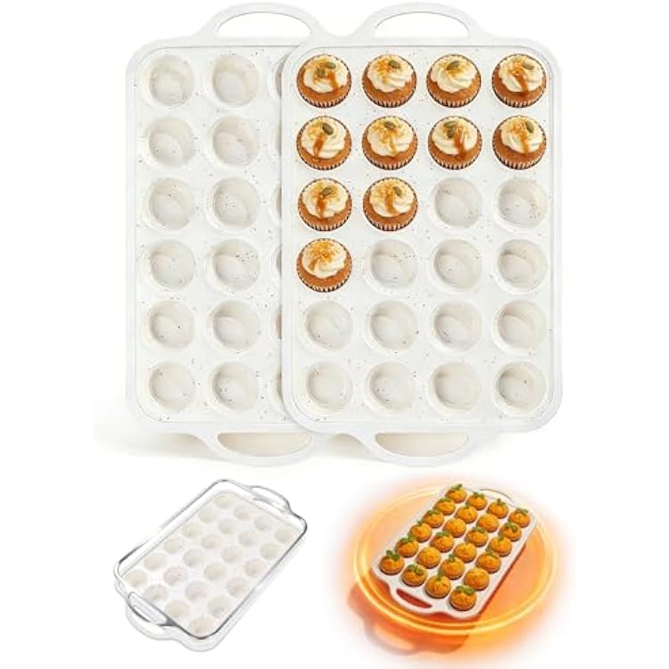 Silicone Muffin Pans With Metal Reinforced Frame - 24 Cups Durable Silicone Baking Pan for Muffins, Cupcakes, BPA Free and Dishwasher Safe - Beige with Rainbow Spots, Set of 2