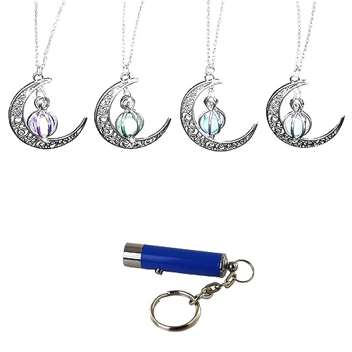 AlterImage Crescent Sailor Half Moon Glow In The Dark Necklaces 4 Pack Luminous Jewelry Green Purple Blue & Sky Blue Includes UV Light