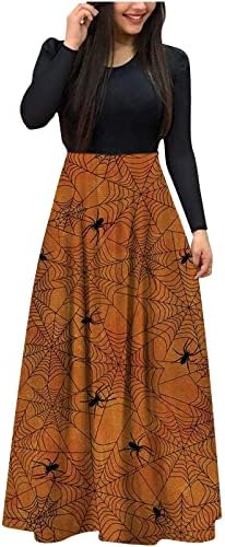 Ceboyel Halloween Dresses for Women Long Sleeve Maxi Long Dress Spider Pumpkin Print Dresses Trendy Clothes Outfits 2025
