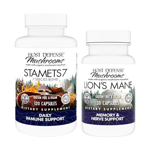 Host Defense Bundle with Stamets 7, 120 Count & Lions Mane Capsules, 30 Count - Support Immune Health & Function - Support Brain Health, Memory & Focus