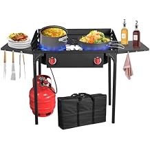 Llamaviva 2 Burner Propane Stove with Windpanel, Camping Stove with Side Shelves, 150000 BTU Propane Burners Removable Legs & Regulator Hose & Carrying Bag