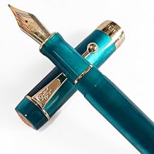 Jinhao 100 Classic Fountain Pen Rainbow Marble Celluloid, Medium Nib with Converter and Pen Case Set (Peacock Blue) (Peacock Blue, Black + Blue)