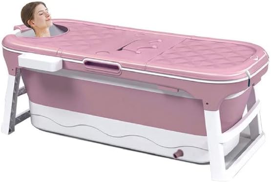 54 inch Luxury Extra Large Foldable Bath Tub Bathtub for Toddler Children Twins Adult with Lid Handle Drain Hose Pink