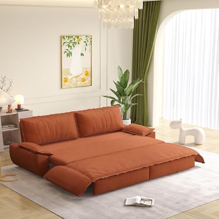 KEIKI 73.2 Queen Size Pull-Out Sofa Bed, 3-in-1 Convertible Loveseat for RVs, Campers & Travel, Corduroy Sleeper Couch with Indoor Chaise, Comfortable Boneless Lounge for Small Spaces