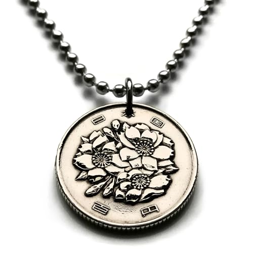 1969 Japan Nippon 100 Yen coin pendant necklace sakura Japanese cherry blossom flower Yaezakura Tokyo Yokohama Kobe Osaka Sapporo Nagoya Fukuoka Saitima Kyoto Sendai Okinawa Hiroshima Niigata n000087