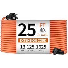 KTMC 25ft 16AWG Outdoor Extension Cord, Indoor/Outdoor 25-Foot SJTW 16/3 Gauge Extension Cable with Durable Weatherproof PVC Vinyl Jacket, 3-Prong Grounded Plug, ETL Certified 13A 1625W, Orange