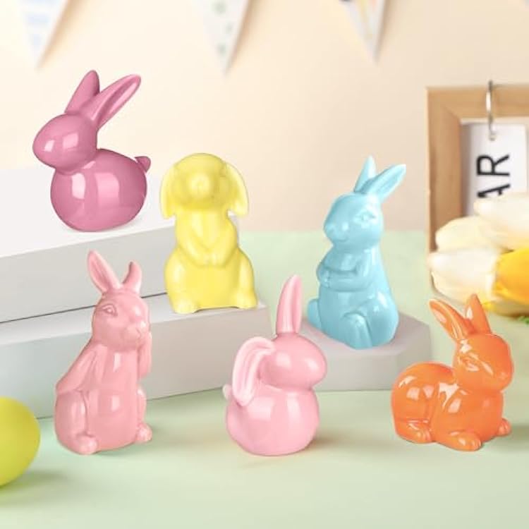Zhehao 6 Pcs Easter Pastel Ceramic Bunny Figurines Easter Rabbits Table Tray Centerpiece Decorations Conejos De Pascua Decoracion for Spring Home Party Art Crafts Gifts