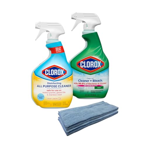 All-Purpose Disinfecting Cleaner Spray, Lemon Scent, 32 oz and Clean-Up Cleaner, Disinfectant, Stain Remover, Trigger Spray, 32 oz. Bundle with Microfiber Reusable Cleaning Cloths