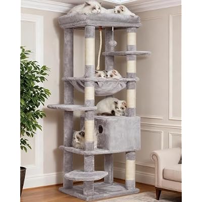 Heybly Cat Tree for Large Cats 20lbs Heavy Duty,60 inches XXL Cat Tower for Indoor Cats, Multi-Level Furniture Condo with Big Padded Plush Perch, Cozy Basket, Light Gray HCT050W