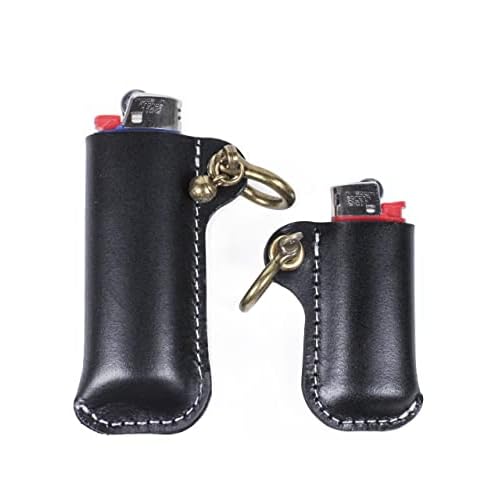 Leather Lighter Case Holder for BIC MiniStandard Size Lighters Sleeve Cover Genuine Leather Case Pouch with Metal Horseshoe Shackles for Keychain Pendant Black, Mini and Standard