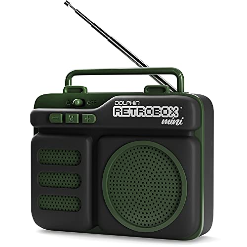 Retrobox Mini by Dolphin, Portable Bluetooth Speaker for Worksite with MP3, FM Radio, AUX | Durable & Long Lasting Battery Military Green