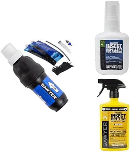 Squeeze Water Filtration System + Premium Insect Repellent with 20% Picaridin, Pump Spray, 4-Ounce + Permethrin Insect Repellent for Clothing, Gear & Tents, Trigger Spray, 24-Ounce