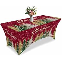 6ft Stretch Spandex Tablecloth,Christmas Tree Falling Snow on Red Fitted Table Cover for Rectangular Tables,Gold Xmas Tree Watercolor Wrinkle Free Table Cloths for Wedding,Party,Banquet