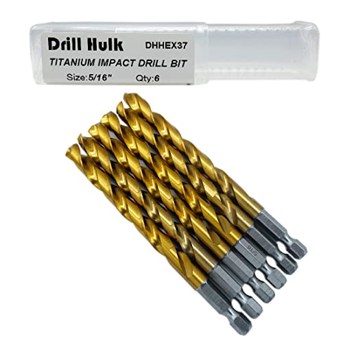 Pack of 6, 516-Inch Titanium Nitride Coated Drill Bit, Hex Shank, Premium M2 High Speed Steel, for Metal, Plastic, Wood