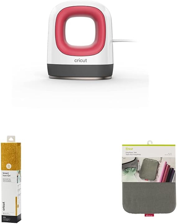 Cricut EasyPress Mini Heat Press (Raspberry)- Iron On Starter Bundle, Includes Heat Press, Smart Iron On (Gold Glitter, 9ft), Heat Press Mat, Machine Mat, Tool Set