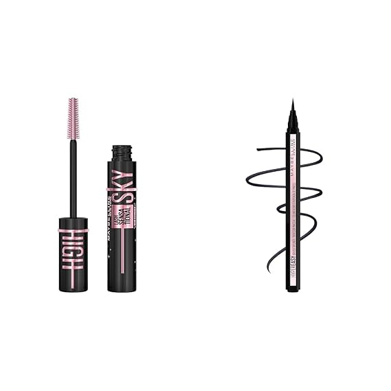 Maybelline Lash Sensational Sky High Washable Mascara Makeup & Hyper Easy Liquid Pen No-Skip Eyeliner, Satin Finish, Waterproof Formula, Pitch Black, 0.018 Fl Oz