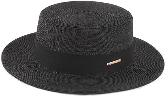 Straw Beach Sun Hat Pork-Pie Boater-Hat for Women Men Wide Brim Panama