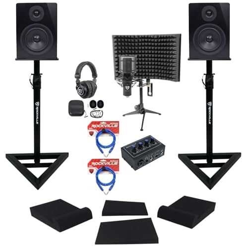 Rockville ROCK-U MINI Recording Interface Bundle with RCM PRO Mic, PRO-M50 Headphones, 2 APM5B Speakers, RVSM1 Stands, RockShield 1 Isolation Shield, 2 RRS190S Pads & 2 RCTR106B Cable8 items