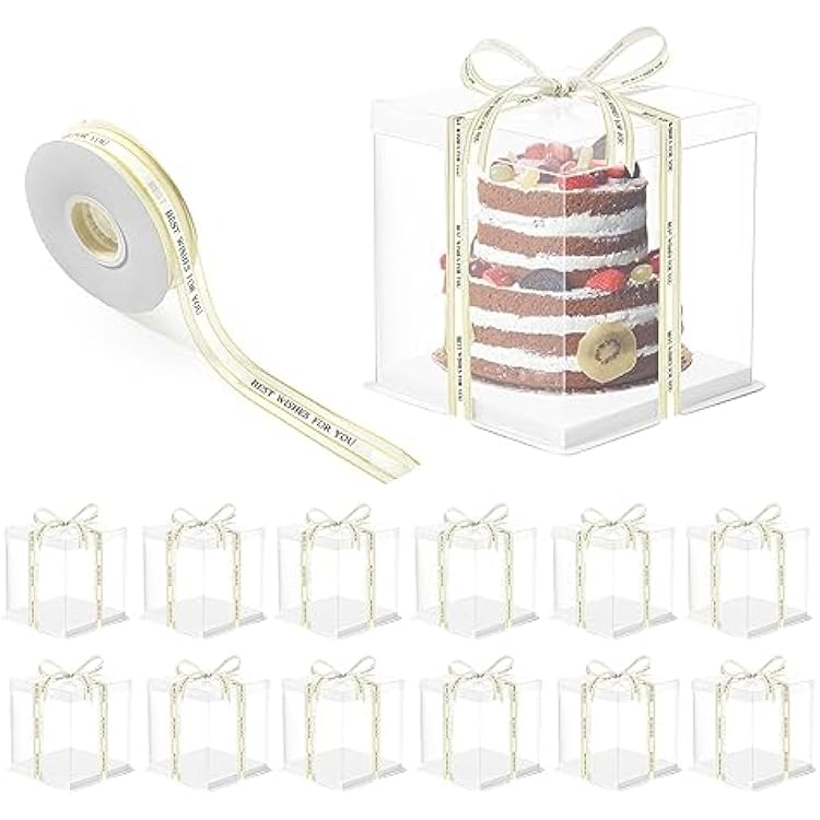 YEUIKERR 12 Pcs Clear Cake Box 7x7x8 Inch Cake Packaging Boxes, Tall Cake Box with Lid and Ribbon, Transparent Cake Box for Bakery, Wedding Birthday Party
