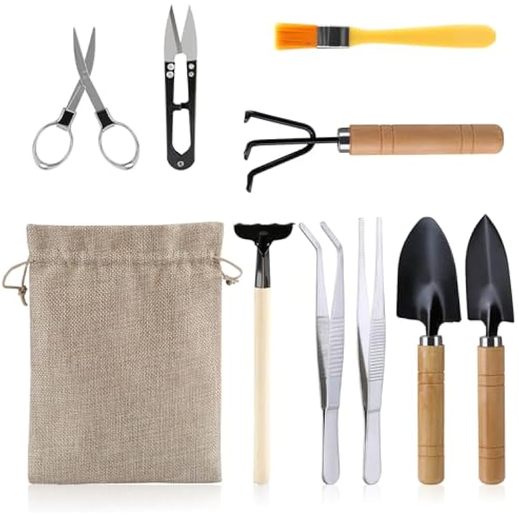 9PCS Basic Bonsai Tools Set, Bonsai Tree Kit Mini Garden Tools Includes Pruning Shears, Mini Rake, Fold Scissors and More