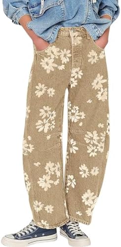 ebossy Women's Retro Floral Print Barrel Jeans Mid Rise Wide Leg Baggy Boyfriend Horseshoe Denim Pants