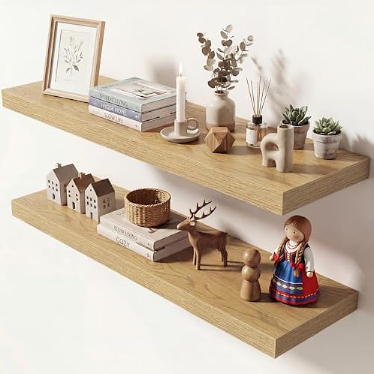 Dreamland 36 Inches Floating Shelves for Wall, 9.3 Deep Long Floating Shelves Set of 2, Large Display & Storage Shelf, Wall Shelf for Bathroom Bedroom Living Room Kitchen Office, Oak