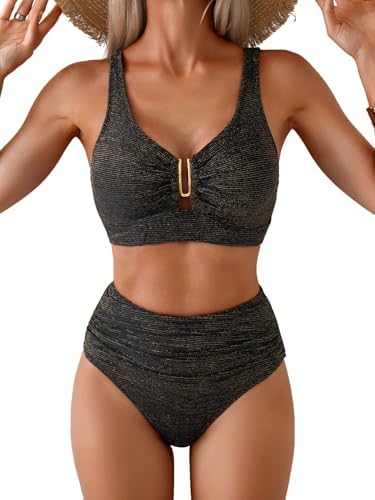 Eomenie Bikini Sets for Women High Waisted Two Piece Bathing Suit U Wired V Neck Swimsuit Adjustable Straps Swimwear