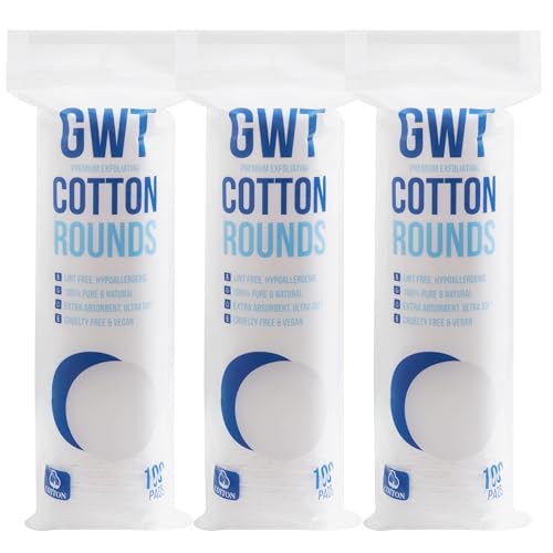 GWT Premium Cotton Rounds for Face, 100% Pure & Lint-Free Cotton Pads, Soft & Absorbent Makeup Remover, Hypoallergenic, Multi-Layer Design 100 Count Pack of 3