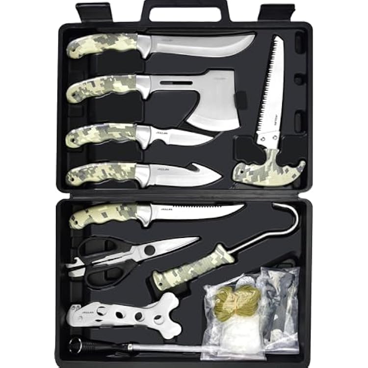 Jellas Professional 15-Piece Hunting & Outdoor Gear Set | Game Processing Kit with Field Dressing Tools, Bone Saw, Gut Hook, Fixed Blade, Boning,