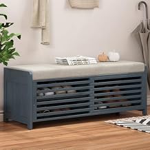 Polibi 43.3" Shoe Storage Bench with Padded Seat Cushion and 2 Sliding Distressed Shutter Doors, Entryway Shoes Bench Storage Ottoman for Living Room, Navy