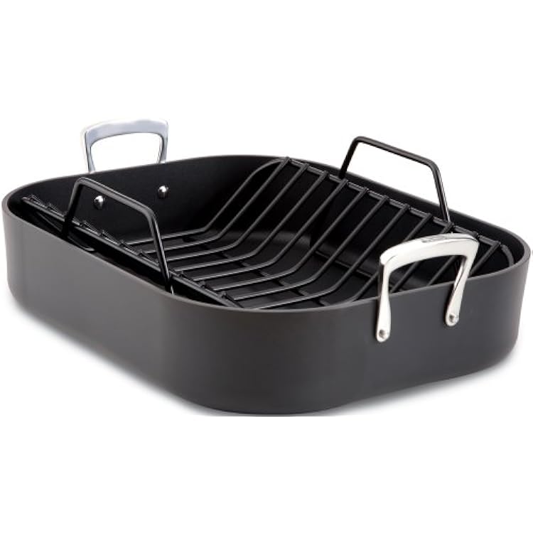 All-Clad E87599 Hard Anodized Aluminum Scratch Resistant Nonstick Anti-Warp Base 16-Inch by 13-Inch Large Roaster Roasting Pan with Nonstick RackCookware, Black