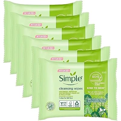 Simple Kind to Skin Cleansing Facial Wipes, 25 Count Pack of 6