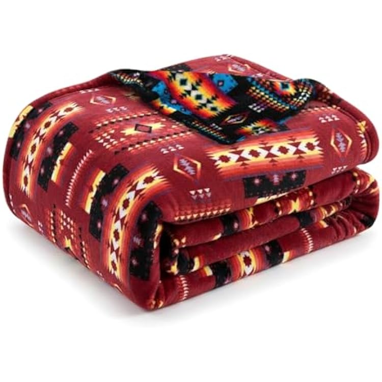 Sacred Thread Aztec Blanket Fleece, Reversible Native American Blanket, Western Throw, Native American Western Burgundy Flannel, Queen 79x95