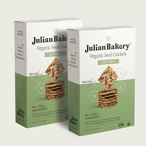 Julian Bakery Paleo Thin Crackers | Salt & Pepper | USDA Organic | Gluten-Free | Grain-Free | GMO Free | Low Carb | 8.4 Ounce Pack of 2