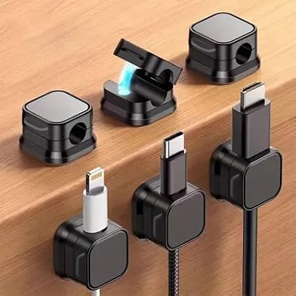 Magnetic Cable Organizer Clips Self-Adhesive Wire Management Solution for Home and Office,Car,Desk, Management Solution for Data Cable, Power Cords and More (Pack of 6)-Black
