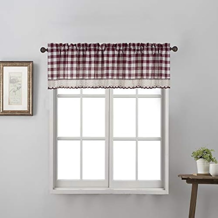 Decotex 1 Piece Buffalo Check Plaid Gingham Crochet Lace Trimmed Rod Pocket Window Curtain Valance 58 X 14, BurgundyBeige