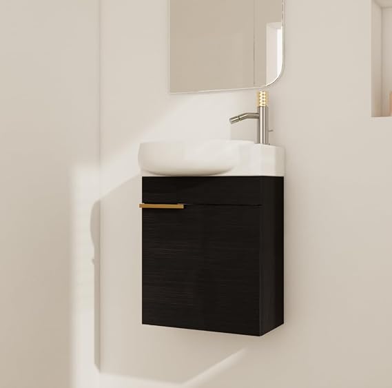16" Wall Mounted Bathroom Vanity with Sink, Modern Floating Cabinet with Ceramic Basin&Soft Close Door, Bathroom Vanity Storage Cabinet Set for Small Bathroom
