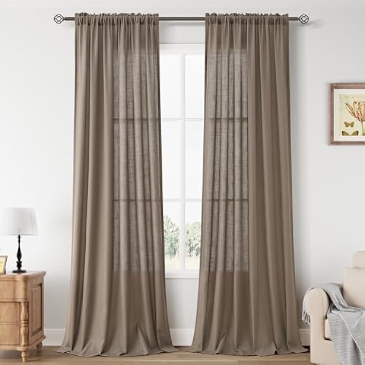 Guken Taupe Grey Linen Curtains 84 Inch Length for Living Room Bedroom 2 Panels Set Rod Pocket Light Filtering Semi Sheer Window Curtains 52 Inch Width Boho Farmhouse Linen Drapes, W52xL84