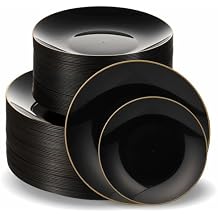 100 PCS Disposable Plastic Black Plates Combo | 50 7.5 In. Gold Rim Appetizer/Dessert Plates And 50 10 In. Gold Rim Plastic Dinner Plates | Heavy Duty Plates For Wedding, Parties Or Catering