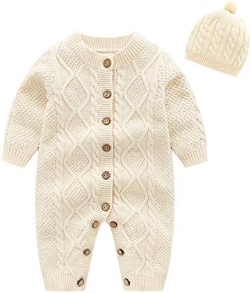Toddler Baby Knitted Sweater Romper Long Sleeve Winter Jumpsuit with Hat Outfits Beige