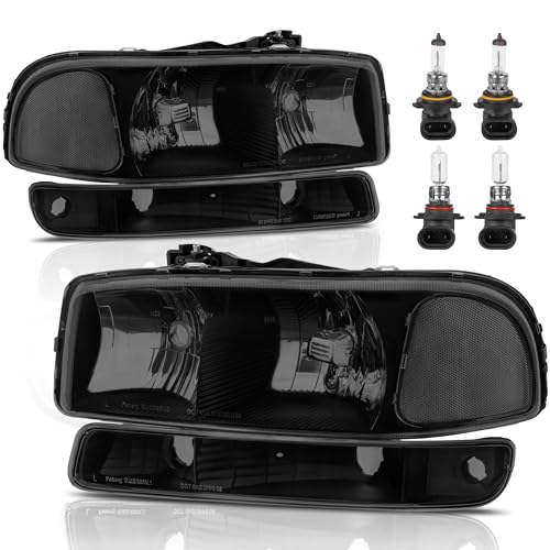 Headlight Assembly Front Lamp Compatible with 1999-2006 GMC Sierra 1500 2500, 2000-2006 GMC Yukon with Black HousingSmoked LensClear Corner with Bulbs