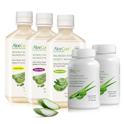 AloeCure Organic Aloe Vera Digestion Set - 5 Pack - Grape, Natural, Lemon Flavor Juice, 2pcsxAloe Vera Capsules 60caps