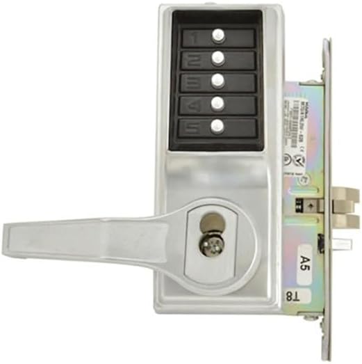 Kaba Simplex 8100 Series Metal Left Handed Mechanical Pushbutton Mortise Lock with Lever, Combination Entry, Key Override, Passage, Lockout, IC Best and Equivalents 6 or 7 Pin Length, Core Not Included, Satin Chrome Finish
