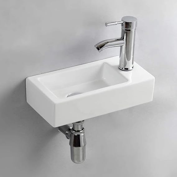 Ceramic Small Bathroom Sink Basin Wall Mount, RH Compact Hand Wash Basins Small Bowl for Cloakroom Gloss White