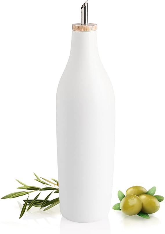 Sweejar Matte Ceramic Olive Oil Dispenser Bottle with Spout, 17 Oz Oil Dispenser for Kitchen Counter, Opaque Oil Cruet for EVOO, Vinegar, Avocado Oil Container for Cooking, Pack of 1 (White)