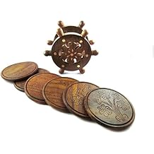 Craft Land Fancy Vintage Ship stering Wheel Shaped Wooden Tea Coaster Set