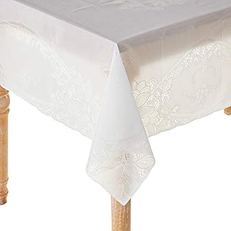 Violet Linen Vinyl Lace Battenberg embossed Floral Pattern, Vinyl, White, 60 Inch by 104 Inch, Seats 8 to 10 people, Rectangle Tablecloths