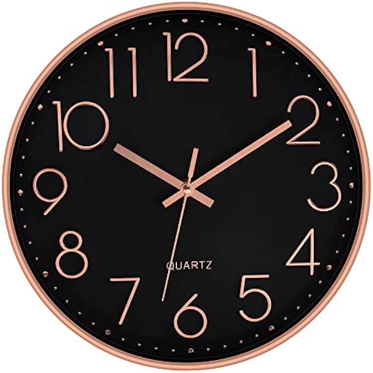 Foxtop Modern Wall Clock 12 Inch Non-Ticking Silent Battery Operated Round Quartz Rose Gold Wall Clock for Office Bedroom Living Room Kitchen Home School Decor Black Dial