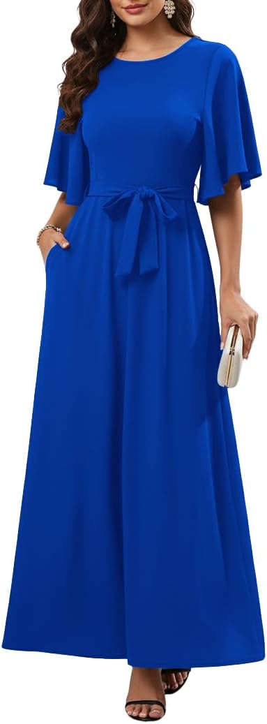 BessCops Maxi Dresses for Women A-line Casual Church Dress with Short Sleeves and Pockets